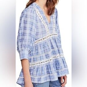 FREE PEOPLE Tunic Top Size Small Small Blue White Time Out Plaid Lace Preowned